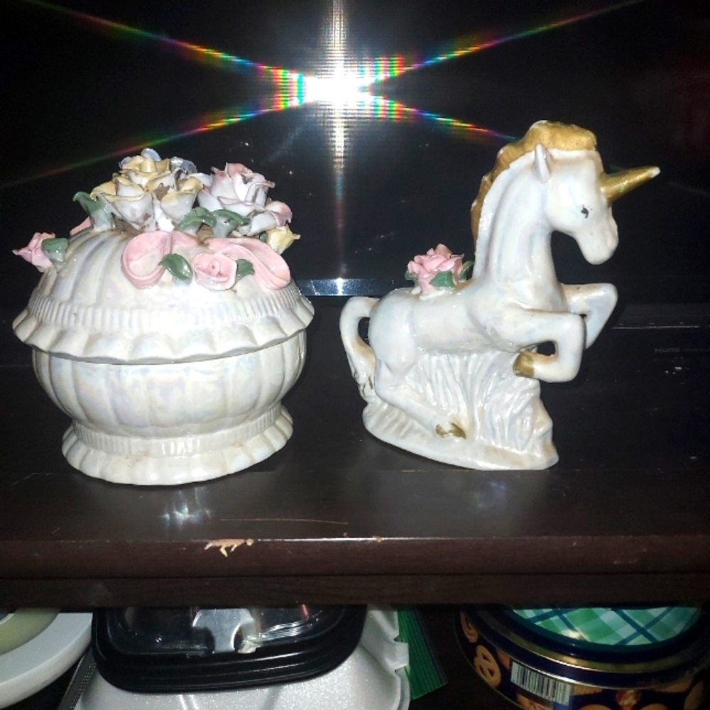 Vintage Porcelain Covered Bowl,Sculptured Ribbon roses on lid&  Porcelain unicor